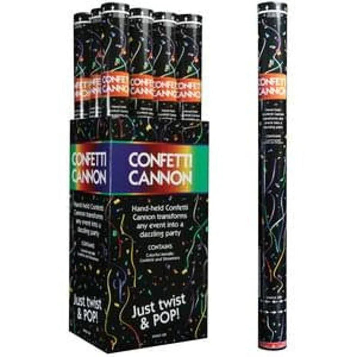 Display box containing multiple black confetti cannons with colorful streamers and rainbow-colored "Confetti Cannon" labels, alongside a single cannon shown separately on the right with text reading "Just twist & POP".