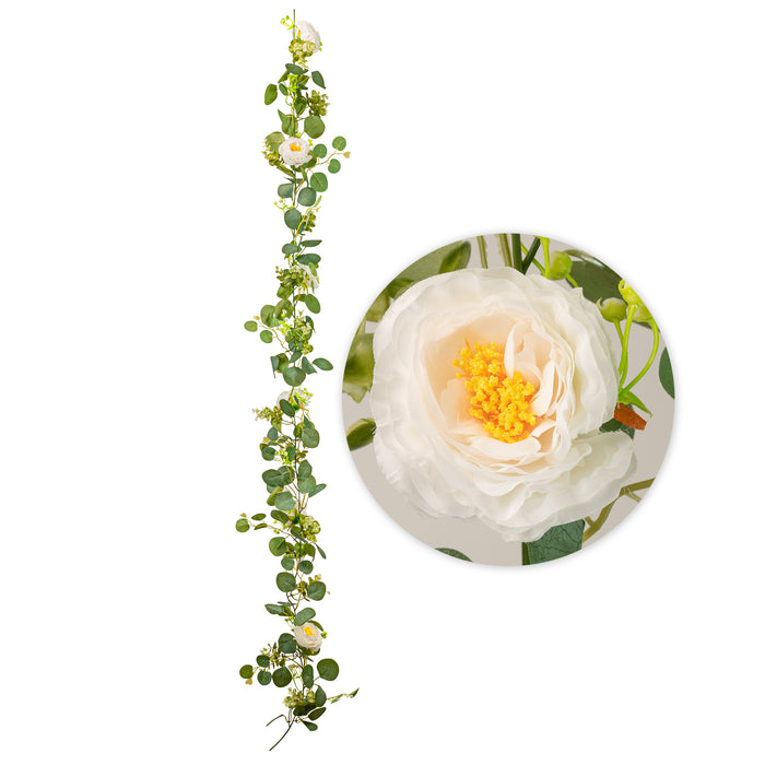 Product photo of Artificial Eucalyptus Garland With Flowers 69" — a Portofino party product shown on a plain background.