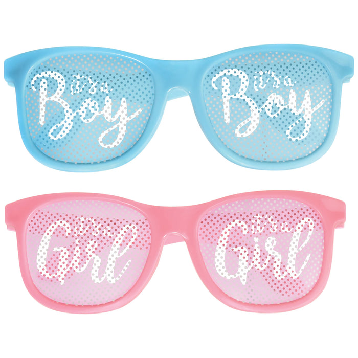 Gender Reveal Multipack Glasses featuring pink It’s a Girl and blue It’s a Boy plastic glasses with dotted lenses.
