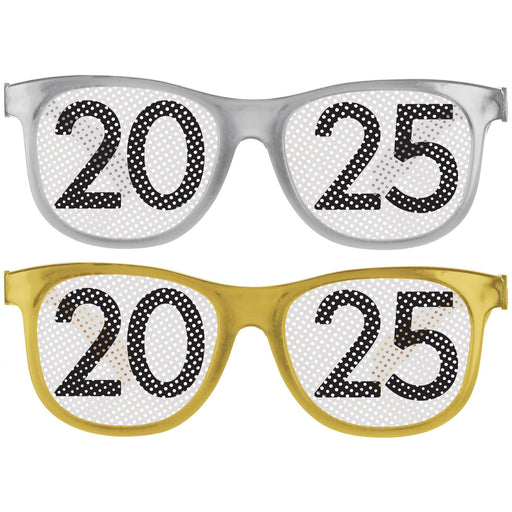 A pair of Silver and a pair of gold New Years 2025 Printed Glasses.  The image  shows the two available colors.  Glasses come in a package of 1