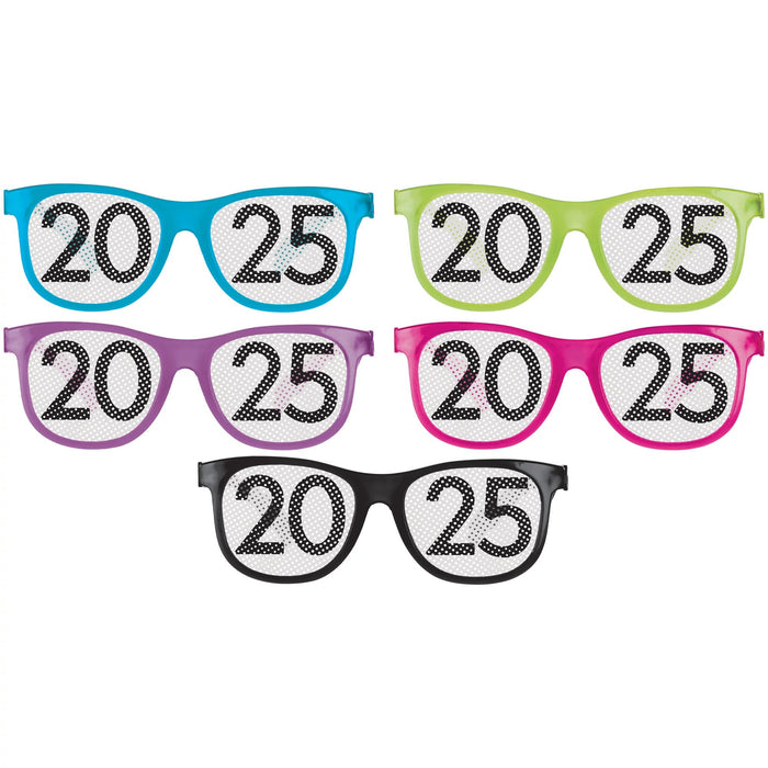 An Image of 5 pairs of New Year's 2025 Glasses.  The image shows a pair of each of the 5 colors: 2 pairs each of blue, green, purple, pink, and black.