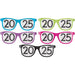 An Image of 5 pairs of New Year's 2025 Glasses.  The image shows a pair of each of the 5 colors: 2 pairs each of blue, green, purple, pink, and black.