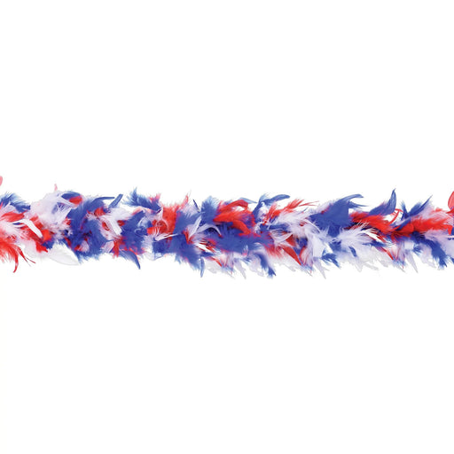 A 72-inch long red white and blue patritotic feather boa.