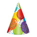 Colorful cone-shaped party hat featuring illustrated balloons in red, yellow, orange, green, and purple with confetti details and decorative dots on white background.