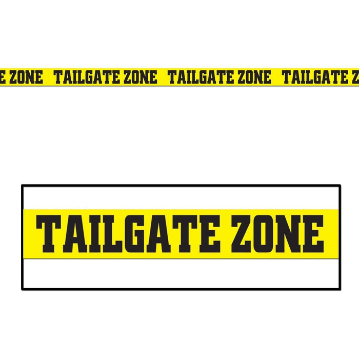 Yellow and black "Tailgate Zone" caution-style tape with repeating text, displayed both as a continuous strip at top and as a packaged roll with white space below.