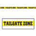 Yellow and black "Tailgate Zone" caution-style tape with repeating text, displayed both as a continuous strip at top and as a packaged roll with white space below.