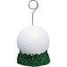 White dimpled golf ball with green grass base and wire stem topped with small circular holder for photos or notes.