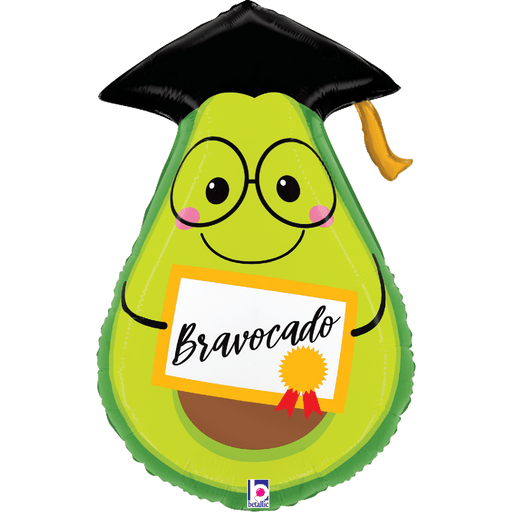 Lime green avocado-shaped foil balloon wearing black graduation cap with gold tassel, featuring large round glasses, pink cheeks, smile, and holding a certificate reading "Bravocado" with a gold medal ribbon.