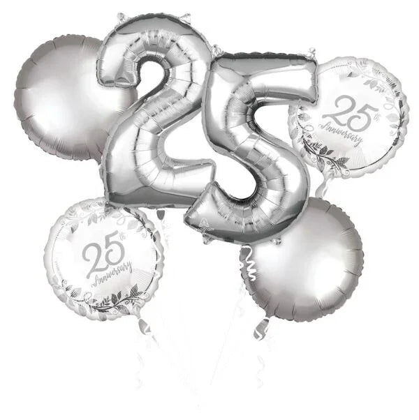 Silver foil balloon bouquet featuring the number 25 surrounded by five round balloons, four printed with "25 Anniversary" text and one solid silver balloon.