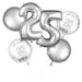 Silver foil balloon bouquet featuring the number 25 surrounded by five round balloons, four printed with "25 Anniversary" text and one solid silver balloon.