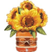 Bouquet of three yellow sunflowers with brown centers in an orange and brown plaid decorative jar-shaped container.