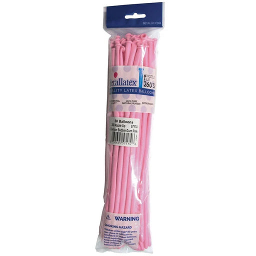 A 50 count  package of Bubble Gum 260 Latex Balloons.