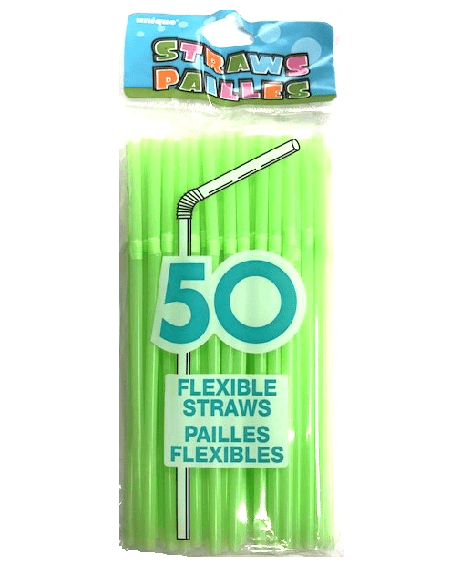 Package of 50 bright green flexible drinking straws with accordion-style bends, displayed in clear plastic packaging with colorful "Straw Panic" branding at the top.