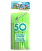 Package of 50 bright green flexible drinking straws with accordion-style bends, displayed in clear plastic packaging with colorful "Straw Panic" branding at the top.