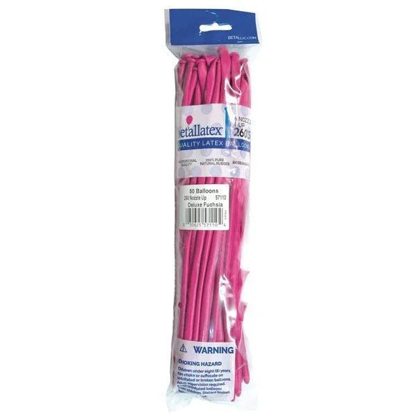Package of 50 long, thin fuchsia pink latex balloons in clear plastic wrap with blue header label and warning text.