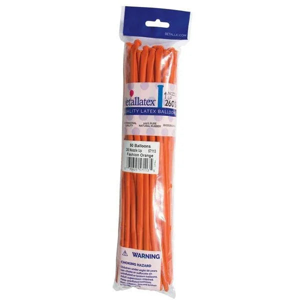Package of 60 orange latex balloons in a clear plastic bag with blue header label and warning text at bottom.