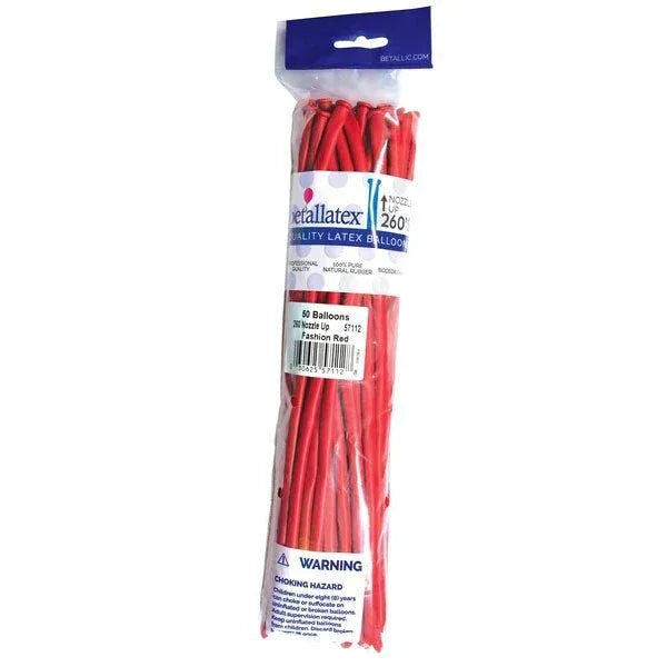 Package of 50 red latex balloons with blue Qualatex branding label and warning text visible on clear plastic packaging.