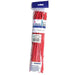 Package of 50 red latex balloons with blue Qualatex branding label and warning text visible on clear plastic packaging.