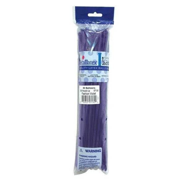 Purple latex balloons in a clear plastic package labeled "Qualatex" showing 50 balloons with size and care instructions on the front label.