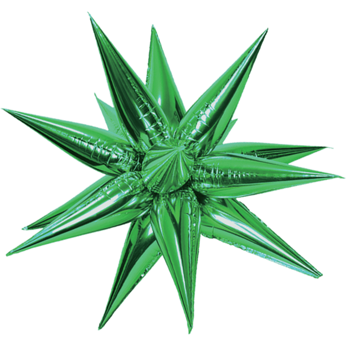 Bright green metallic starburst balloon with multiple pointed rays radiating outward in a symmetrical star pattern.