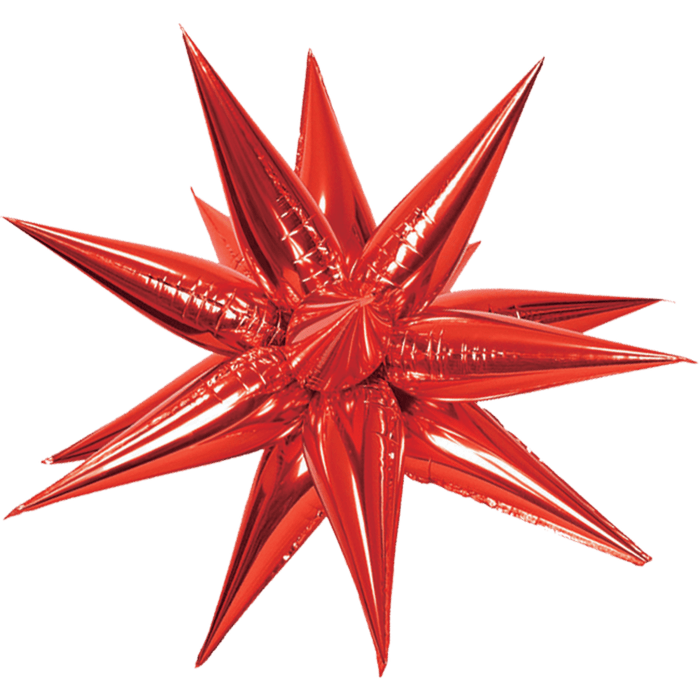 Bright red inflatable starburst balloon with multiple pointed rays radiating outward, featuring a shiny metallic finish against a white background.