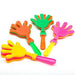 Four neon-colored hand clapper toys in yellow, orange, green, and pink with layered plastic paddles and plastic handles arranged on a white background.