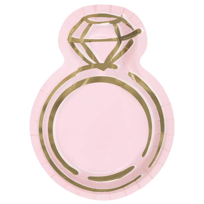 Pink engagement ring shaped 9-inch paper plate with metallic gold foil ring and diamond design.