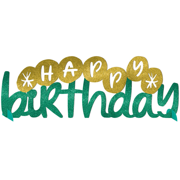 Happy Cake Day glitter table centerpiece with green and gold script lettering designed for birthday table decoration.