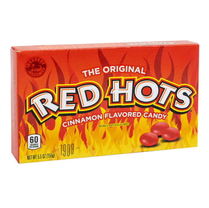 Red Hots: cinnamon hard candies. Sold in a 5.5 oz rectangular cardboard theater box, printed with the brand name and product.