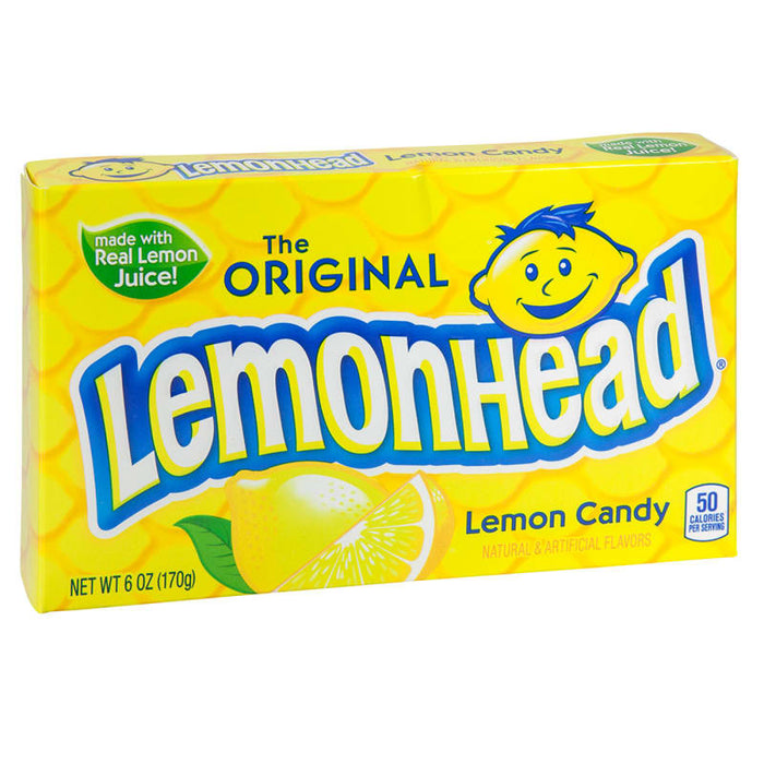 Lemonhead: round lemon hard candies, yellow in color. Sold in a 5 oz rectangular cardboard theater box, printed with the brand name and product.