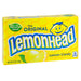 Lemonhead: round lemon hard candies, yellow in color. Sold in a 5 oz rectangular cardboard theater box, printed with the brand name and product.