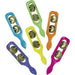 Six colorful plastic hand cymbals in blue, green, orange, yellow, purple, and pink, each with two brass-colored metal discs and a handle, arranged in a circular pattern.