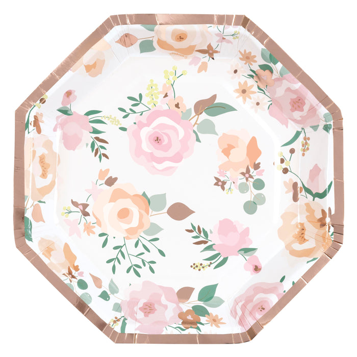 8in Shaped Plate Octagon Pink Blooms - Party Supplies