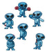 Six metallic blue alien figurines with large black eyes and varying poses arranged in a circular display, each approximately two inches tall.