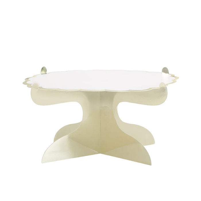 Gold stamped paperboard cupcake stand with a cream scalloped top and soft gold-toned base pieces on a white background.