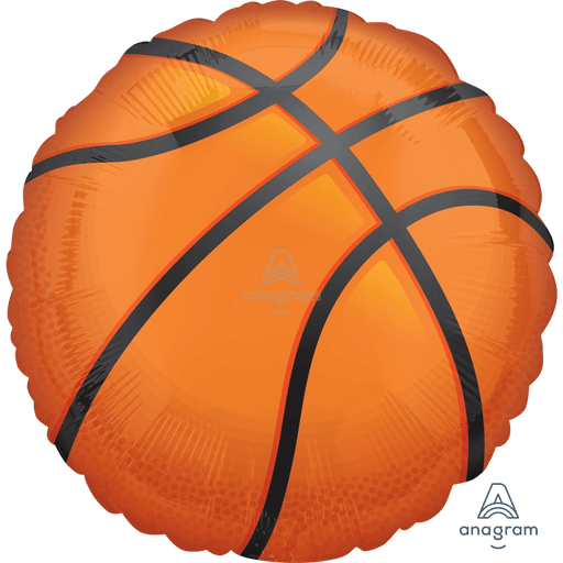 Orange and yellow basketball with black curved lines and panel details, designed as a round mylar balloon.
