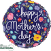 Round foil balloon with dark blue background featuring colorful floral designs and white script text reading "happy Mother's Day.