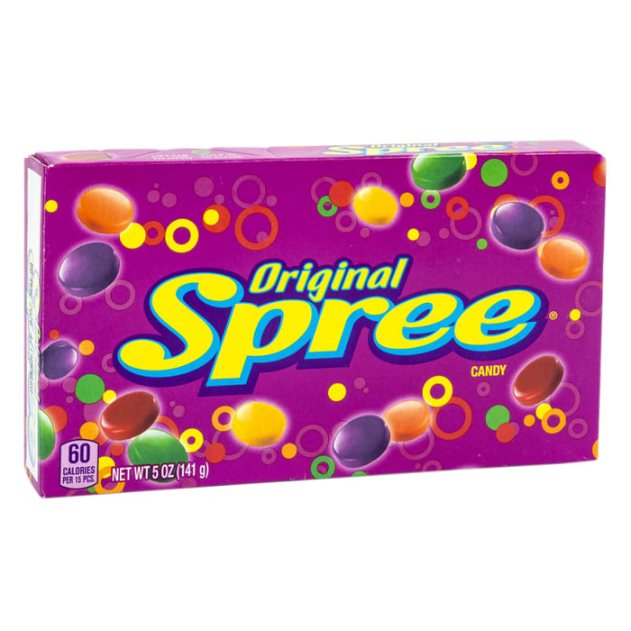 Spree: tangy hard candies. Sold in a 5 oz rectangular cardboard theater box, printed with the brand name and product.