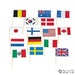 Collection of 72 international flags on wooden sticks arranged in rows, including flags from Belgium, Australia, Denmark, South Korea, Finland, USA, Canada, Mexico, Sweden, and United Kingdom.