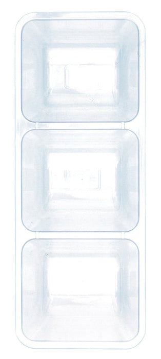 Clear plastic vertical organizer with three stacked rectangular compartments, each with rounded corners and a recessed center section for holding items.