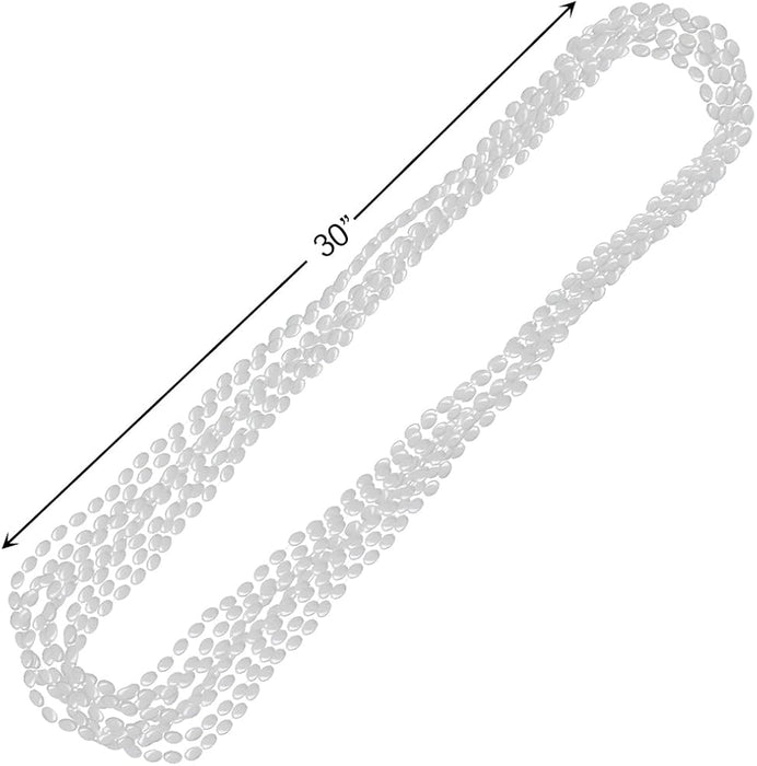 Thirty-inch long silver metallic bead necklaces made of small round beads in a shiny gray finish, shown in a looped display with a measurement line indicating the 30-inch length.