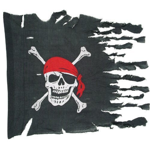 Distressed black pirate flag featuring a white skull wearing a red bandana and crossbones, with frayed white edges.