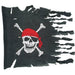 Distressed black pirate flag featuring a white skull wearing a red bandana and crossbones, with frayed white edges.