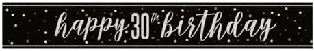 Black banner with white script text reading "happy 30th birthday" surrounded by gold and white confetti dots on a dark background.