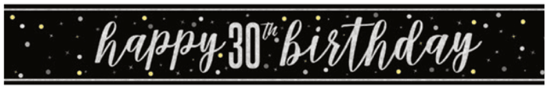Black banner with white script text reading "happy 30th birthday" surrounded by gold and white confetti dots on a dark background.