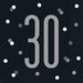 Black lunch napkins featuring a large gray number 30 surrounded by white and gray decorative dots in a celebratory design, pack of 16.