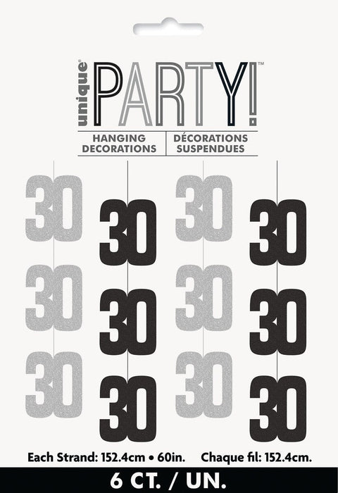Package of six hanging decorations featuring alternating silver and black number 30s on 60-inch strands for 30th birthday party celebrations.