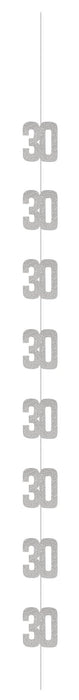 Six silver glittery number 30 cutouts suspended vertically on a single string for birthday decoration.