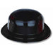 Glossy black plastic bowler hat with a smooth rounded crown and wide brim, shown against a white background.