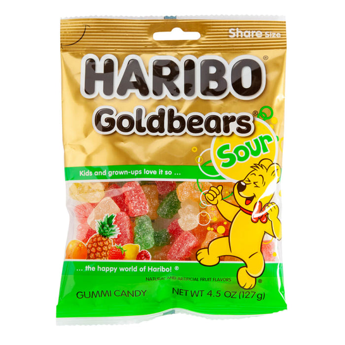 Haribo Goldbears Sour Gummi Candy: small gummy bears. Sold in a 4.5 oz clear plastic peg bag that hangs from a printed header card, with the candy visible inside.